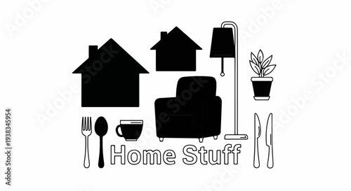 Simple graphic objects of house, chair, lamp, plant, and tableware