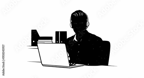Silhouetted person with headset uses laptop at desk with files