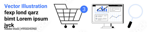 Shopping cart with 3 notification, analytics dashboard with graphs and charts, magnifying glass. Ideal for e-commerce, online shopping, data analysis, marketing, business growth, research, landing