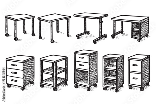 Hand-drawn tables and cabinets with wheels are isolated on white background, featuring rough sketch style for retro look and office interior design ideas.