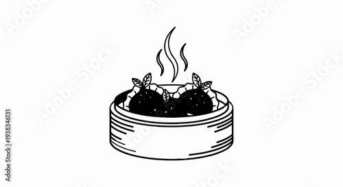 Steaming dumplings garnished with leaves in a bamboo steamer