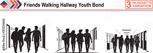 Friends Walking in School Hallway, Youth Friendship and Student Academic Life Concept Set