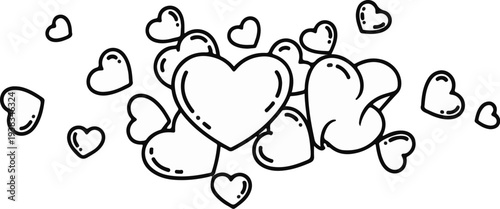 A whimsical cluster of heart shapes in varying sizes, outlined in black on a white background