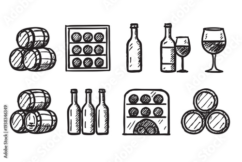 Hand drawn wine cellar sketch featuring barrels, wine rack, wine bottles and wine glasses, creating a rustic vintage feel suitable for restaurant or bar designs.