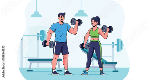 Man and Woman Lifting Dumbbells in Modern Gym