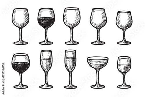 Hand-drawn illustration on white displays various wine glasses, some filled with red and white wine, in a sketch style. Great for menus and food blogs.