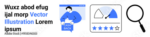 Person holding cashback sign, rating gauge with stars and magnifying glass. Ideal for e-commerce, customer reviews, financial services, user feedback, mobile apps, search functionality, digital