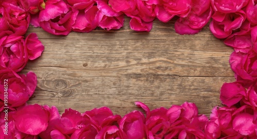 Decorative pink peony petals arranged around a rustic wood For You message with copy space