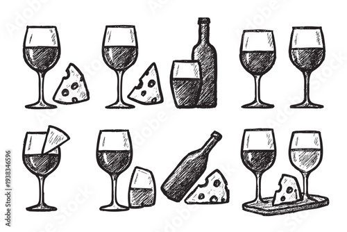 Black and white illustration featuring wine glasses, bottle and cheese using a graphic sketch technique for a rustic, artisanal feel, suitable for food and beverage design.