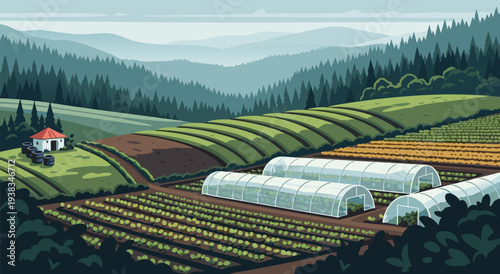 A captivating vector illustration of a vast, rolling farmland with greenhouses and tractors, showcasing a serene rural landscape
