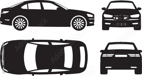 Black Silhouette of a Sedan Car from Multiple Angles on White Background vector illustration