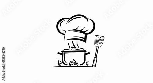 Stylized chef's hat over a steaming pot on a fire with a spatula.