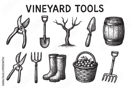Black and white line art illustration of vineyard tools including pruners, shovels, boots, and a wine barrel on a white background, perfect for illustrating wine making or gardening.