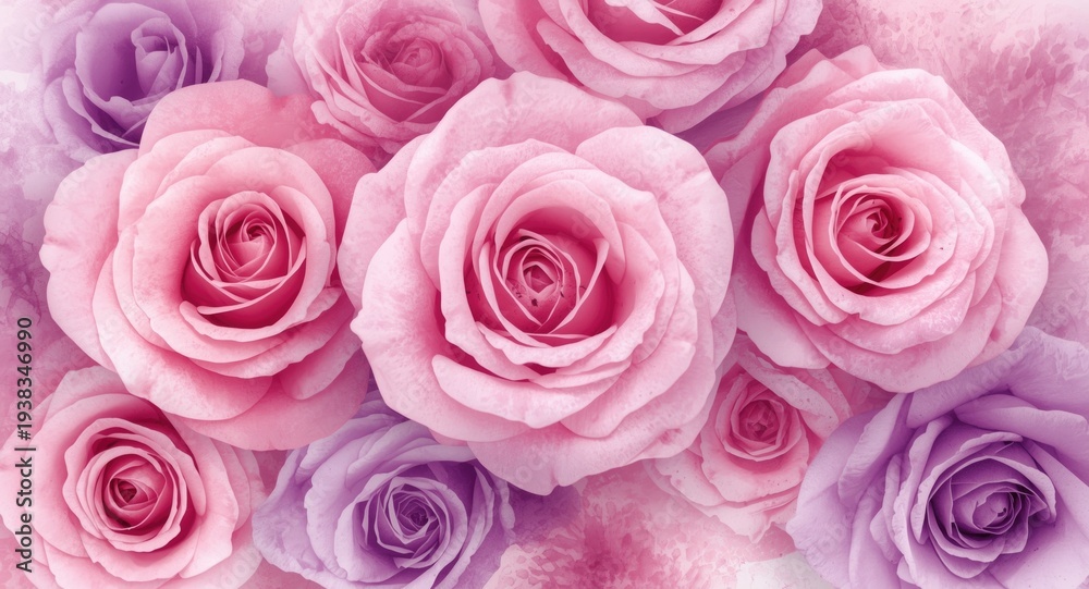 Naklejka premium Blooming rose flowers rendered in a gentle pink and purple watercolor wash