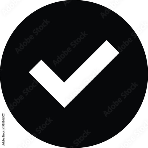 White Check Mark in Black Circle for Success and Approval Concept, mobile app interfaces, web navigation, and corporate branding projects requiring a bold, modern aesthetic.