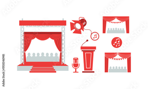 Theatre stage with red curtains and musical notes vector illustration for live performance