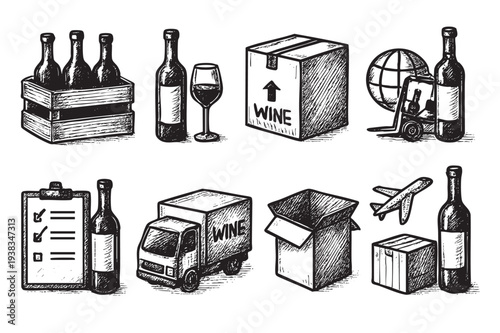 Hand-drawn illustration showcasing wine shipping and logistics icons, including wine bottles, delivery truck, plane, forklift, and boxes; ideal for the wine industry.