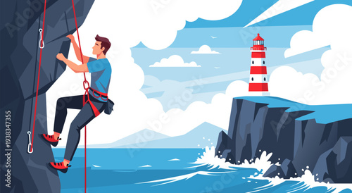 Man climbing cliff near lighthouse, beautiful vector illustration of extreme sports and adventure