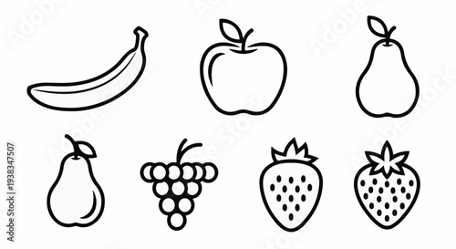 Collection of line art icons banana, apple, pear, grapes, and strawberries
