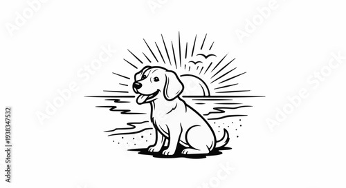 A happy dog sits on a beach at sunrise with rays of sun and birds