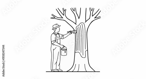 Person painting a tree trunk with a brush and bucket