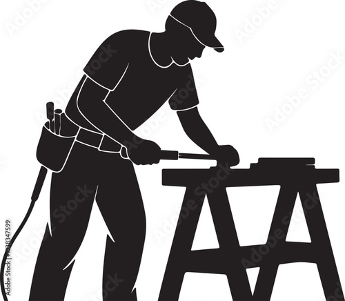 Silhouette of a carpenter working with a hammer on a sawhorse with tools Keywords: carpenter, craftsman, woodworking, construction, building, DIY, manual labor, tools