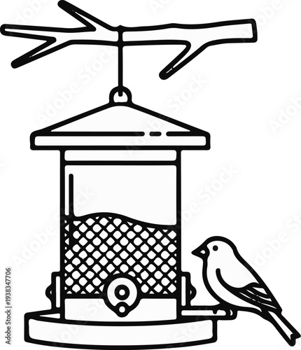 A line drawing of a bird feeder hanging from a tree branch with a bird