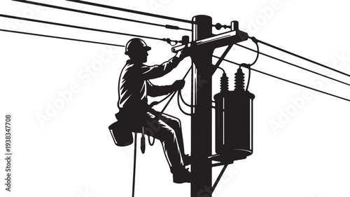 Silhouette of an electrician climbing a utility pole to work on wires and transformer Keywords: electrician, power line, utility pole, electricity, high voltage, worker