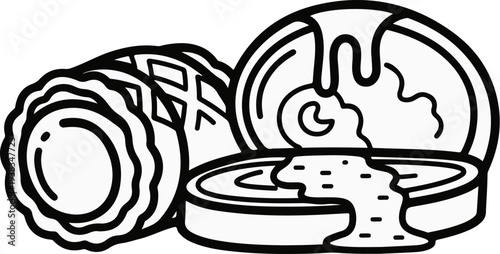 Black and white line art of a waffle and a can with overflowing contents