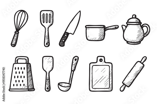 Black and white hand-drawn illustration of kitchen utensils like a whisk, spatula, knife, teapot, rolling pin, and more isolated on white. Suitable for recipe books, food blogs.