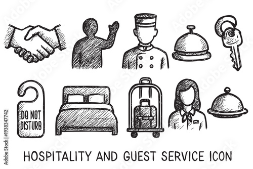 Black and white vector image displaying hospitality icons in a hand-drawn style, depicting various hotel services for travel and guest experiences.