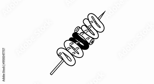 Black and white outline drawing of a skewer with sliced food