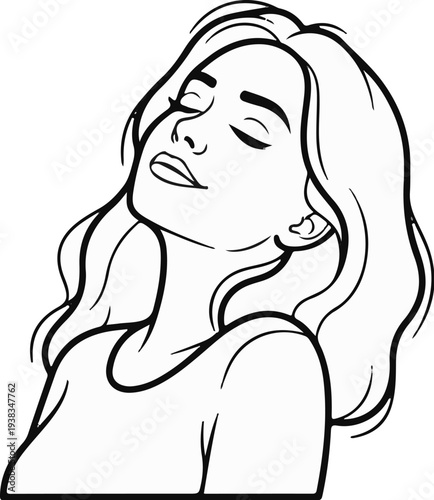 Minimalist line art portrait of a woman with eyes closed, head tilted back