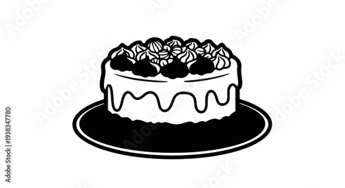 A simple black and white illustration of a frosted cake with dollops of cream and berries