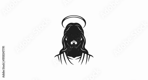 Black and white stylized depiction of a figure with long hair and a halo