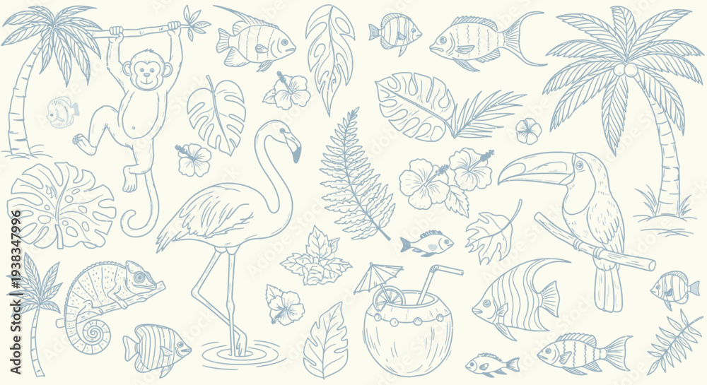 Fototapeta premium Tropical vacation icons and illustrations.