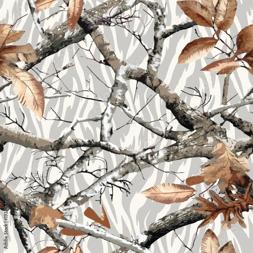 Real tree forest hunting camouflage seamless pattern design with barks and leaves. Camouflage repeat pattern	