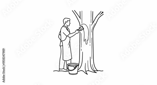 Man in apron paints a tree trunk with a brush from a bucket