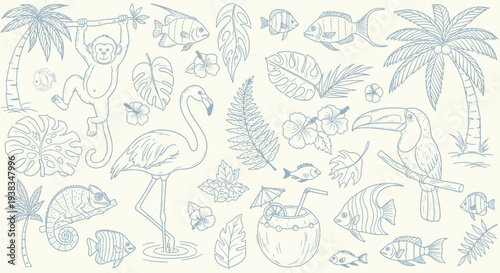 Tropical vacation icons and illustrations.