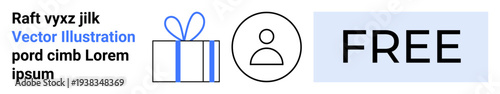 Gift box icon with blue ribbon, user profile symbol inside a circle, and the word FREE on a light grey background. Ideal for websites, promotions, user profiles, gift services, marketing, branding