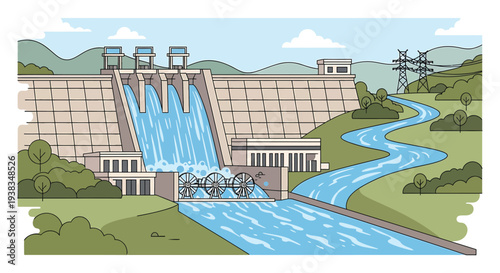 Hydroelectric Dam Generating Electricity in Mountainous River