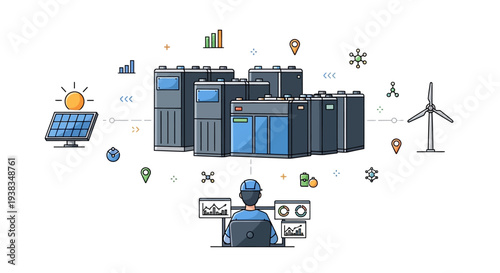 Man working on computer with server.