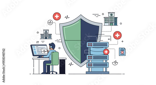 Man working on computer with shield.