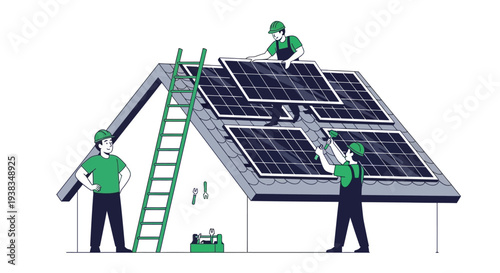 Men installing solar panels on roof.