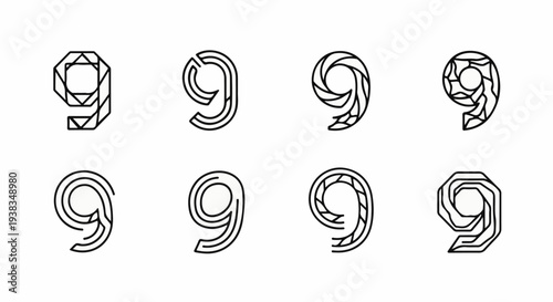 Eight different geometric and abstract designs for the number nine