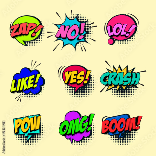 A vibrant collection of comic book style speech bubbles with various expressions