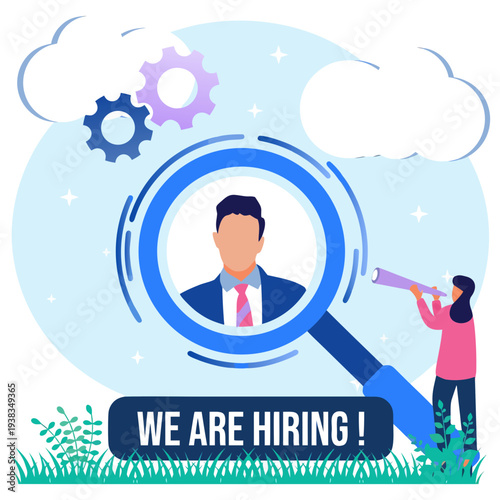 We Are Hiring Concept with Magnifying Glass Searching Candidate Illustration