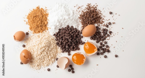 A delightful presentation of soft cookie recipe ingredients eggs sugar brown sugar flour chocolate chips and baking soda with white background