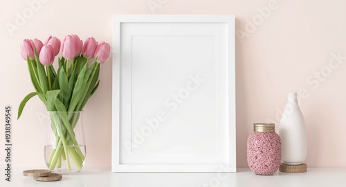 Cheerful home decor using pink tulips and white framed art on pale background