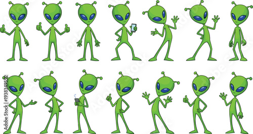 Green alien character vector set featuring a friendly extraterrestrial in various poses including waving, holding a phone, and giving a thumbs up.